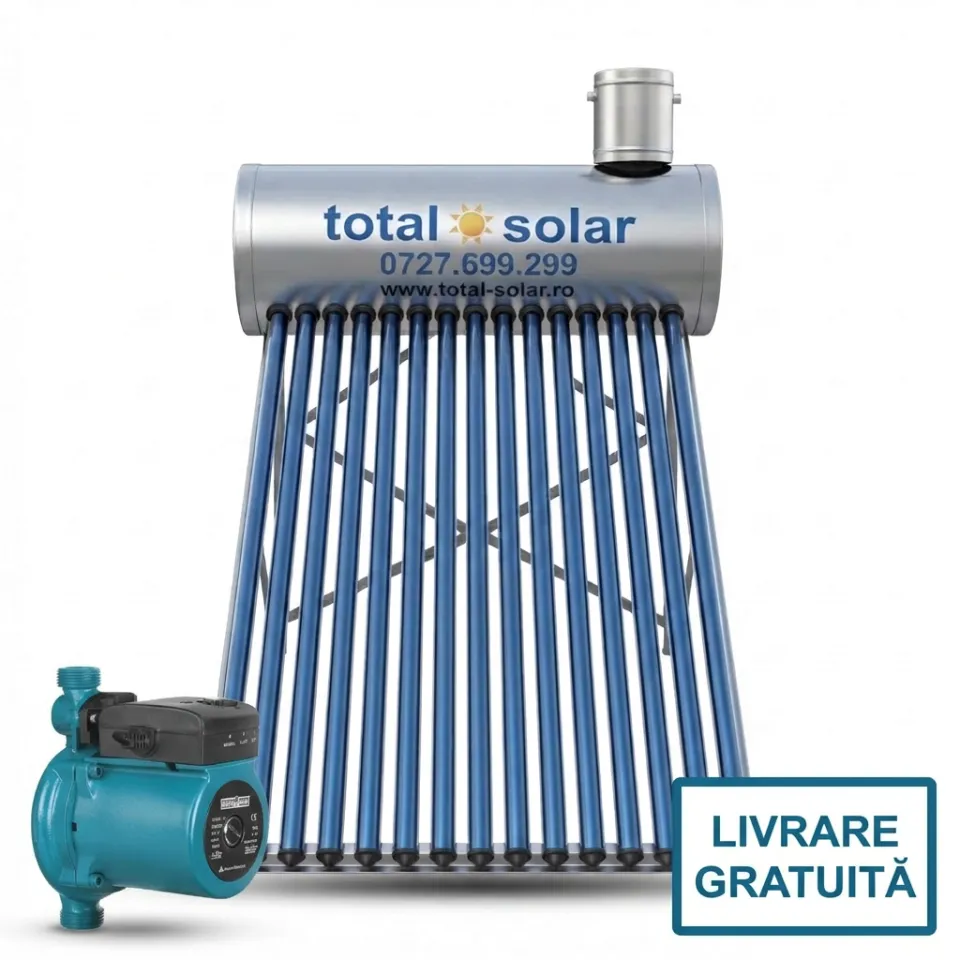 Panou solar nepresurizat, boiler 150 L, 15 tuburi, pompă ridicare presiune, vas flotor