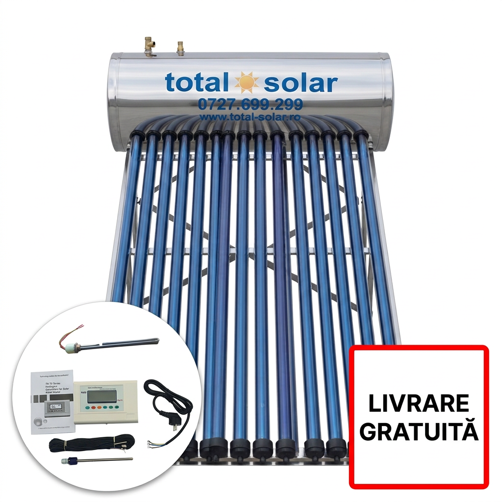 pres+tk7-y-livrare gratuita Panou solar presurizat, inox -10 tuburi vidate cu heat pipe cu boiler de 100 litri, controler TK7-Y, rezistenta electrica 1500 w, supapă antivid, supapă de presiune/termică, supapă de sens,anod de magneziu. - imagine 1